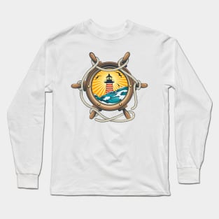 Steering Ship Wheel with Lighthouse Inside Long Sleeve T-Shirt